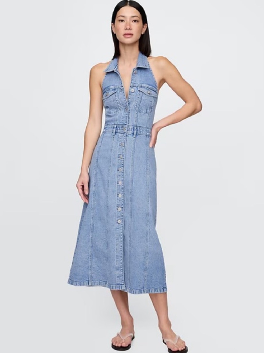GAP Light Blue Denim Halter Midi Dress with Front Buttons